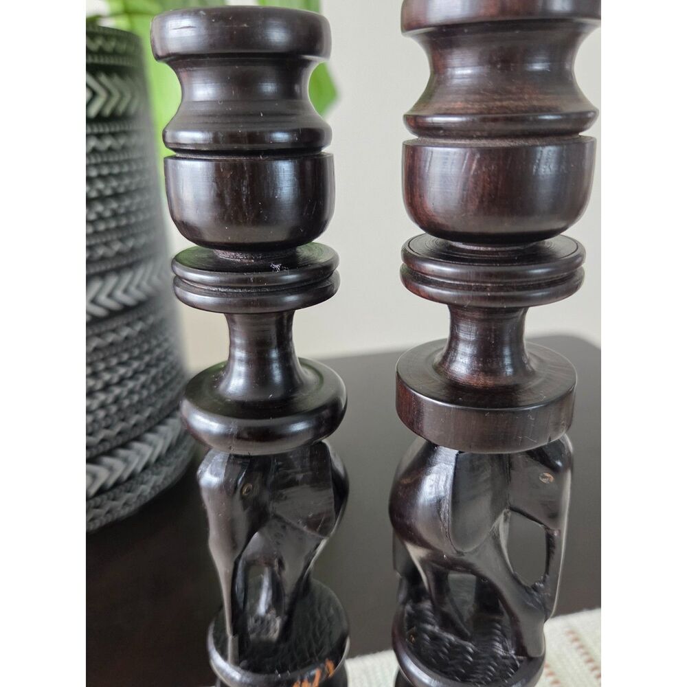 Pair of Hand-Carved Dark Wood Candlestick Holders